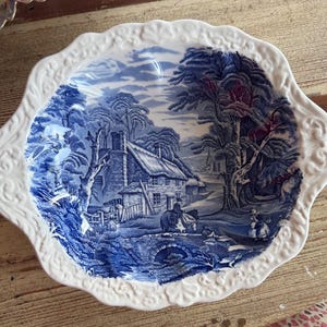Vintage James Kent Old Foley Blue Transferware Serving Bowl | Staffordshire England Blue & White Cottage Scene Platter | English Ironstone