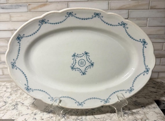 Antique O.P. Co. Syracuse China Oval Serving Platter – Blue Garland Bow Pattern, 12” Vintage Ironstone Dish