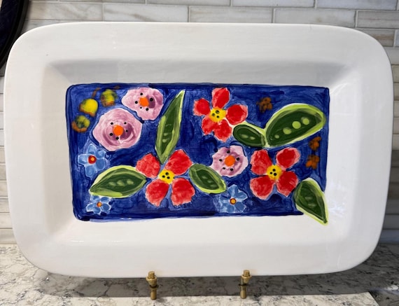 Hand-Painted Ceramic Platter by Shannon Doyle – Colorful Floral Serving Tray – Signed Original Pottery
