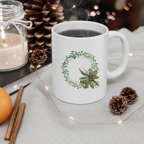 Musical Holly Wreath Christmas Mug  Watercolor Holiday Art by Shannon Doyle Ceramic Coffee Cup for Music Lovers & Winter Gifting
