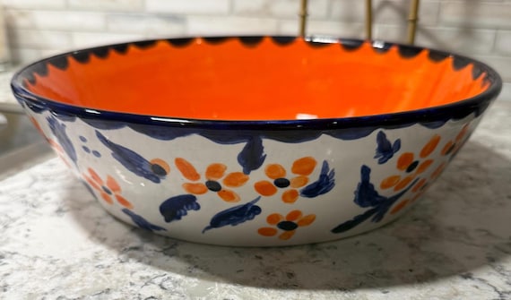 Hand-Painted Ceramic Serving Bowl – Large 10” Decorative Floral Dish – Orange & Navy Blue Modern Folk Art – Original by Shannon Doyle
