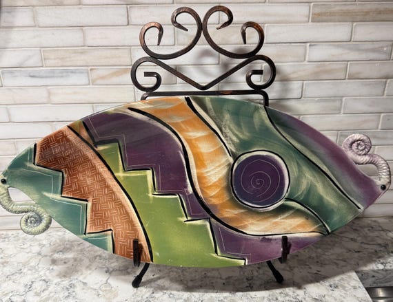 Handcrafted Abstract 15” x 7” Ceramic Plate - Vibrant Artistic Design