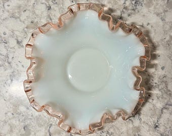 Fenton 6” Glass Plate - White with Pink Ruffled Edge - Vintage Decorative Dish