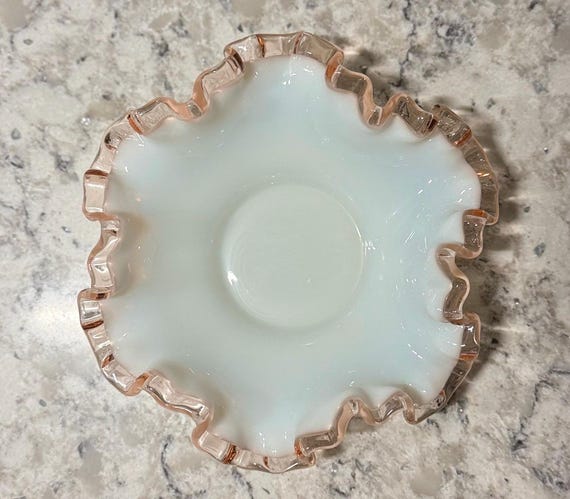 Fenton 6” Glass Plate - White with Pink Ruffled Edge - Vintage Decorative Dish