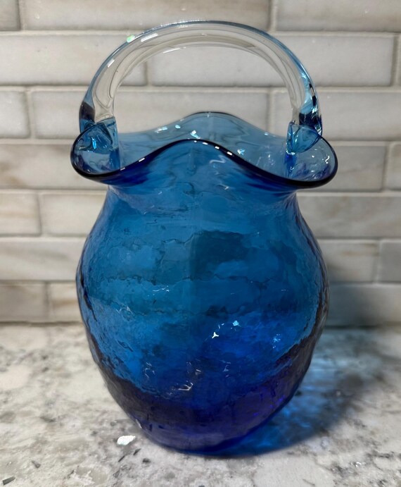Vintage Blue Crackle Glass Pitcher with Clear Handle - Hand-Blown Decorative Vase