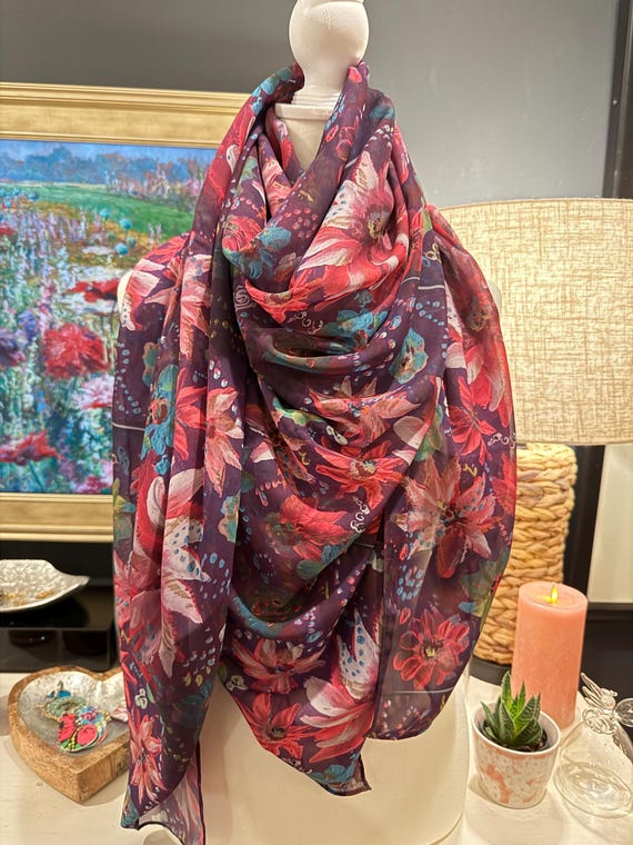 Ladies Fashion Scarf Floral Musical - Original Art, Double-Sided Print, Lightweight, Unusual Gift for Her