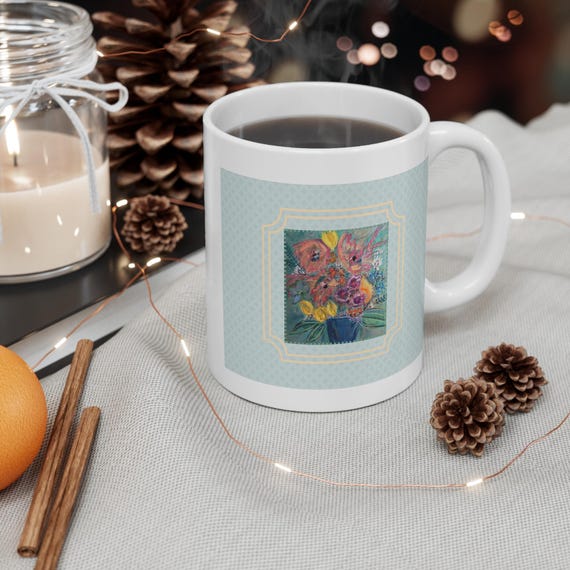 Aqua Artistic Mug Cozy Coffee Cup Art by Shannon Doyle Festive Winter Gift