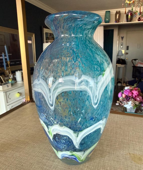 Hand Blown Art Glass Vase, Blue White Swirl Ocean Inspired Studio, Coastal Home Decor