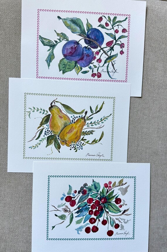 Set of 3 Original 8X10 Fruit Botanical Watercolor| Shannon Doyle Art | Art Print | Cherries, Pears, Blueberries Botanical Wall Decor
