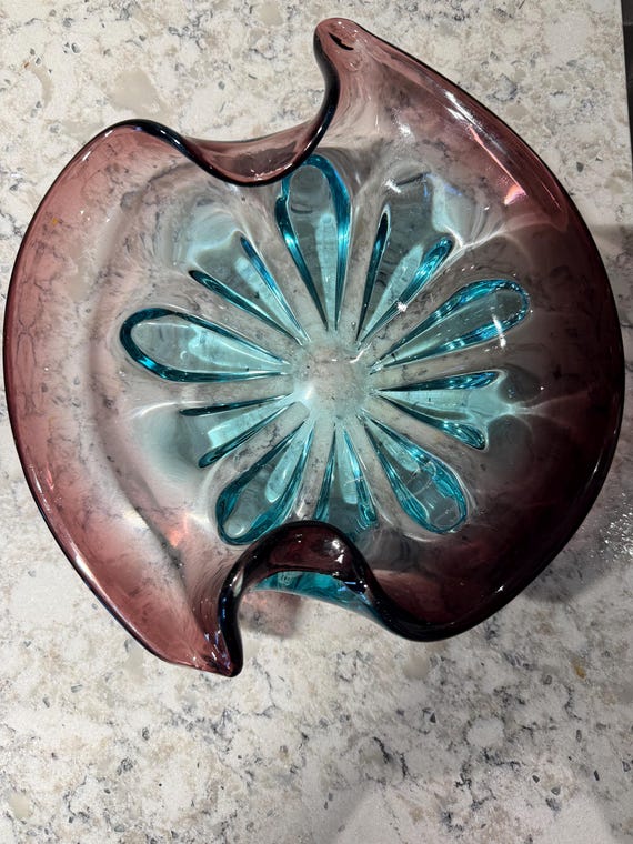 Murano Style Handblown Art Glass Bowl – Teal & Amethyst Sculptural Centerpiece – Vintage Mid-Century Decorative Glass