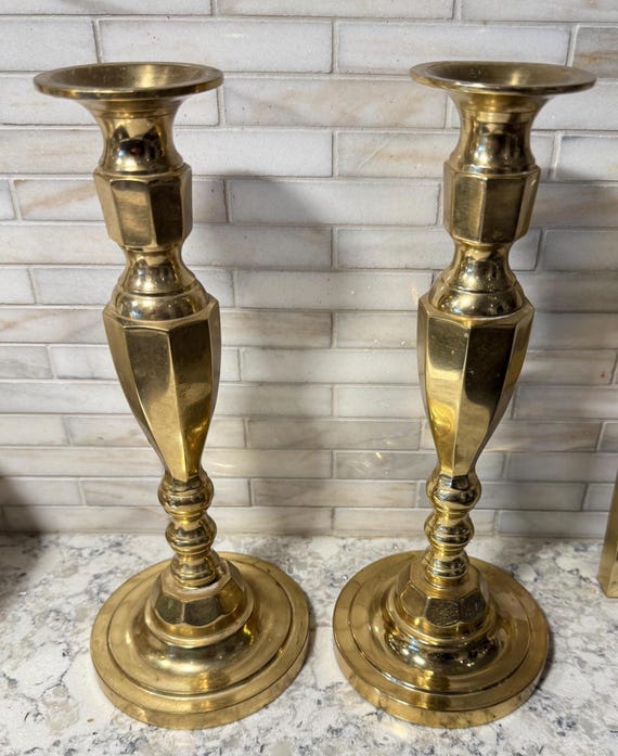 Vintage Brass-Plated Candlestick Holders – Set of 2 Tall Taper Holders, Mid-Century Style Mantel Decor