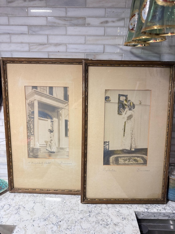 Cottagecore Vintage Art Prints – “A Neighborly Call” & “Reflection” by Burrows – Framed 1920s Hand-Colored Lithographs