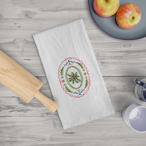 Christmas Holly and Ivy Dish Towel - Shannon Doyle Watercolor Design, Colorful Kitchen Decor, Hostess Gift