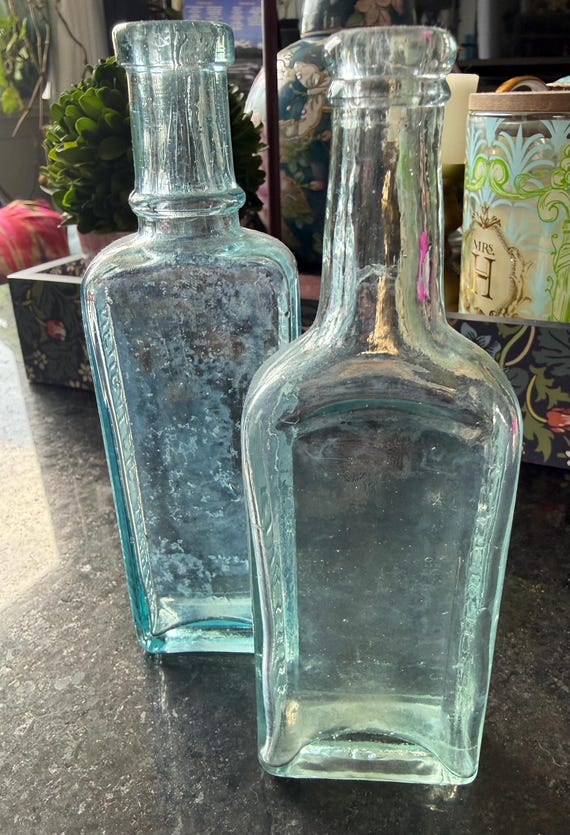 Set of 2 Aqua Blue Embossed Glass Apothecary Bottles, Vintage Farmhouse Decor