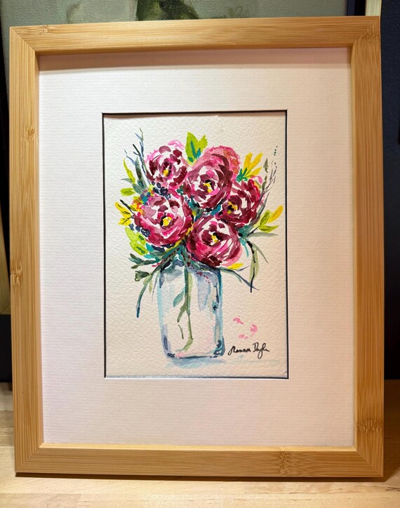 Original 5x7 Watercolor Floral Painting | Shannon Doyle Art | Framed 8x10 Bouquet in Vase | Bright Botanical Wall Decor
