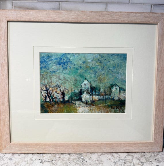 Original Framed Landscape Painting by Robert Fuest – Textured Impressionist Scene of Country Houses 15x13"