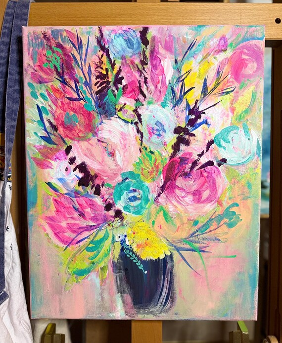 Original Floral Painting on Canvas - Vibrant Pink Puple - Handmade Abstract Impressionist Art by Shannon Doyle