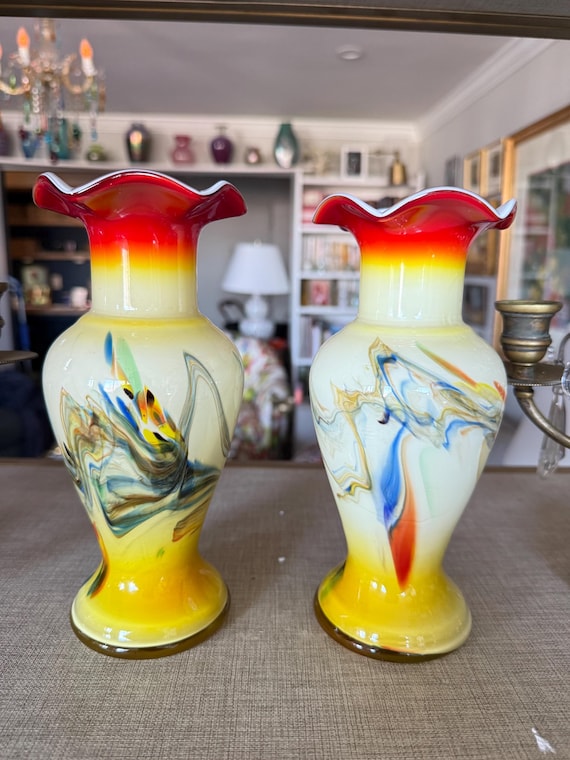 Vintage Hand-Blown Art Glass Vases – Swirled Multicolor Yellow Red Ruffled Pair – Mid-Century Style Home Decor
