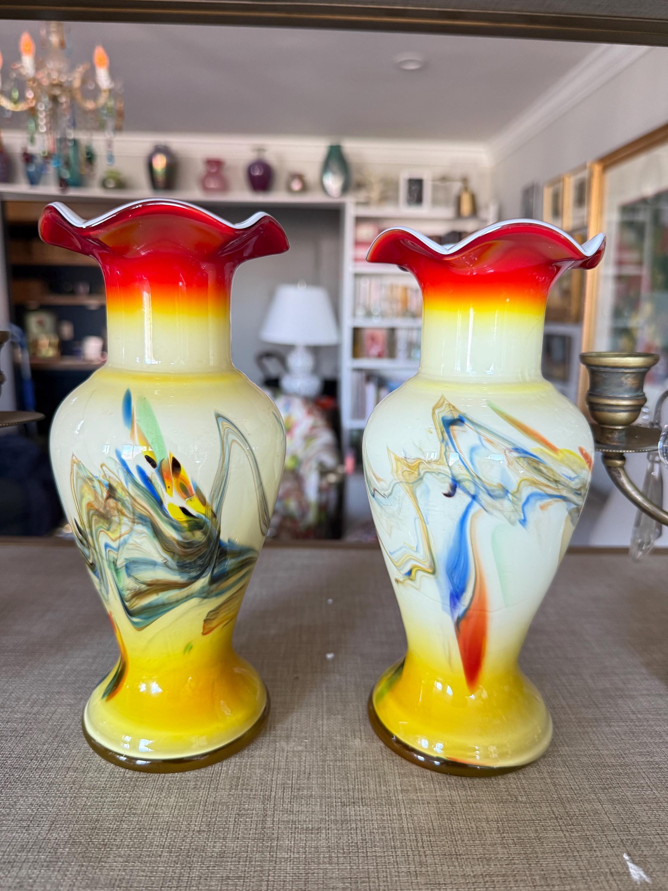 Vintage Hand blown Art Glass Vases Swirled Multicolor Ruffled Pair Vintage Hand blown Art Glass Vases Swirled Multicolor Ruffled Pair