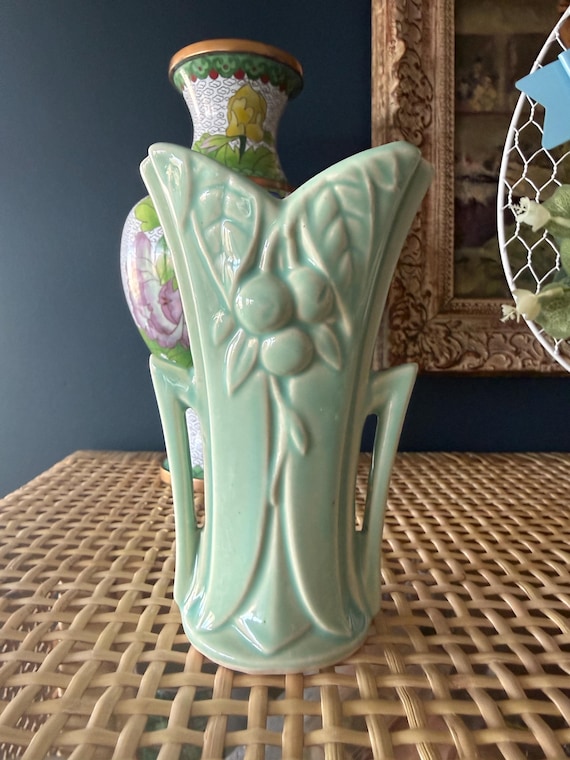 Vintage McCoy Pottery Vase Mint Green Art Deco Floral Relief 7 Inch USA Ceramic