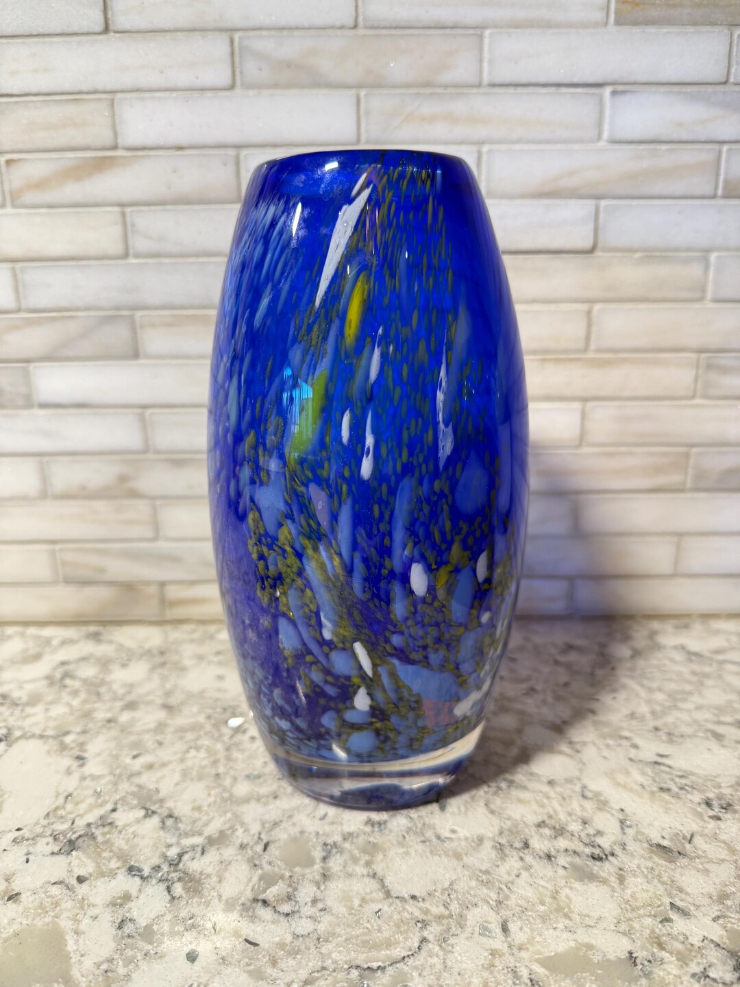 Stunning Hand-blown Art Glass Vase Cobalt Blue With Green and White ...