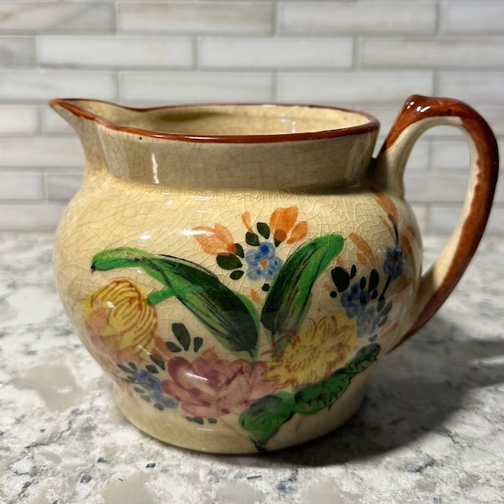 Vintage Hand-Painted Floral Cream Pitcher – Antique Crackle Glaze Ceramic Jug – Cottagecore Decorative Pitcher – Collectible Creamer Jug