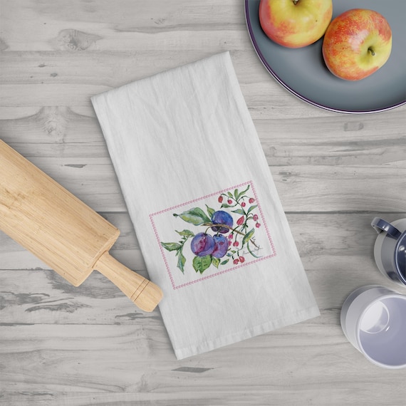 Rustic Plum Kitchen Tea Towel - Watercolor Fruit Design, Farmhouse Kitchen Decor, Hostess Gift