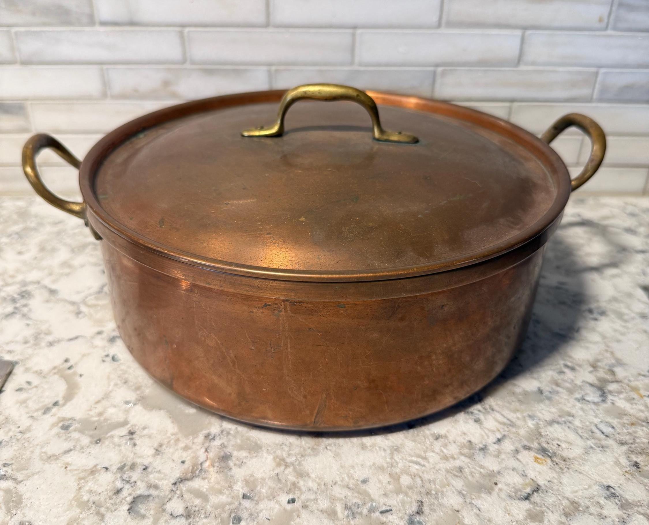 Vintage Portuguese Copper Pot with Lid | Rustic Farmhouse Kitchen Decor | Heavy Brass Handles | Made in Portugal Cookware