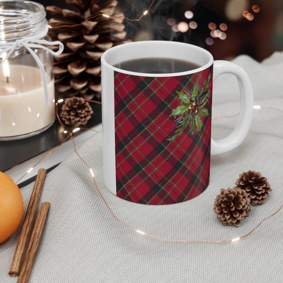 Tartan Ribbon Mug with Holly Ivy Watercolor Art by Shannon Doyle  Unusual Gift for Her