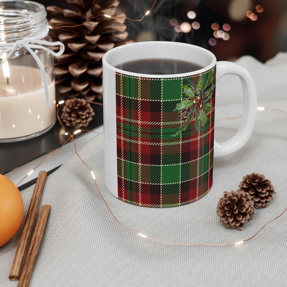 Tartan Christmas Mug with Holly Coffee Cup Watercolor Art by Shannon Doyle Unusual Gift