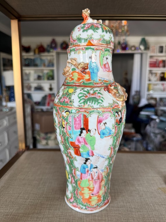Antique Chinese Famille Rose Covered Vase, Chinoiserie Porcelain Ginger Jar Style, Figural Scenes, Hand Painted Asian Decor