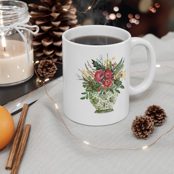 Chinoiserie  Christmas Mug with Holly & Black Ribbon Cozy Holiday Coffee Cup  Watercolor Art by Shannon Doyle  Festive Winter Gift