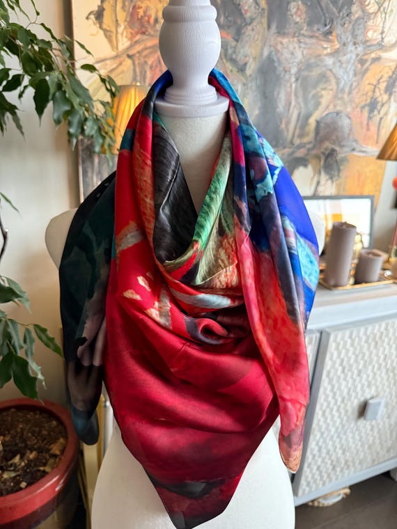 Ladies Fashion Silk Scarf Red and Blue- Original Art,  Lightweight, Unusual Gift for Her
