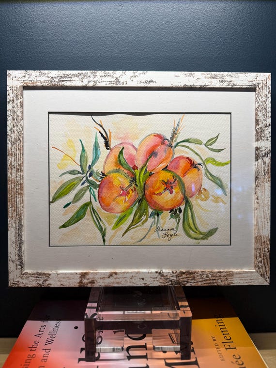 Original Peaches Watercolor| Shannon Doyle Art | Framed 8x10 Bouquet in Vase | Unusual Gift