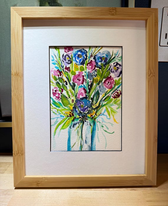 Original 5x7 Watercolor Floral Painting | Shannon Doyle Art | Framed 8x10 Bouquet in Vase | Bright Botanical Wall Decor