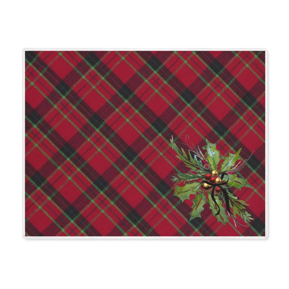Christmas Tartan Placemat with Watercolor Holly,Holiday Table Decor,Red Green Plaid with Black Velvet Bow, Traditional Christmas Dining