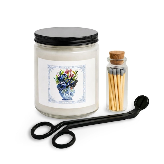 Custom Floral Candle with Matches & Wick Trimmer, Soy Candle, Blue Floral Art by Shannon Doyle, Grandmillennial Gift, Chinoiserie Decor