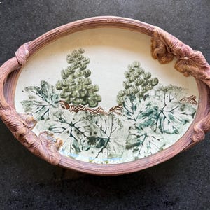 Karen Kingsley Signed Studio Pottery Platter Bowl c. 2000 | Botanical Woodland Ceramic Tray | Sculptural Leaf Art Pottery USA