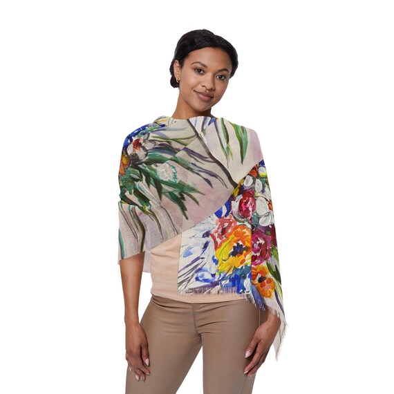 Shannon Doyle Art Scarf | Floral Colorful Abstract Shawl | Soft Polyester Wrap | Wearable Art Gift | Women's Fashion Accessory