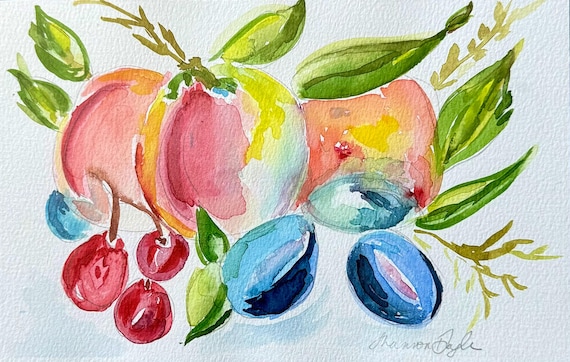 Abstract Fruit Printable Art, Farmhouse Kitchen Decor, Instant Download Watercolor, Vibrant Rustic Fruit Print