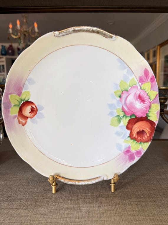 Vintage Noritake Hand Painted Rose Plate – Pink & Red Floral Porcelain, Japan, Gold Trim