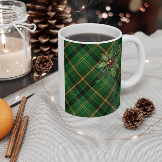 Tartan Ribbon Mug Green with Holly and Ivy Watercolor Art by Shannon Doyle Tartan Coffee Cup