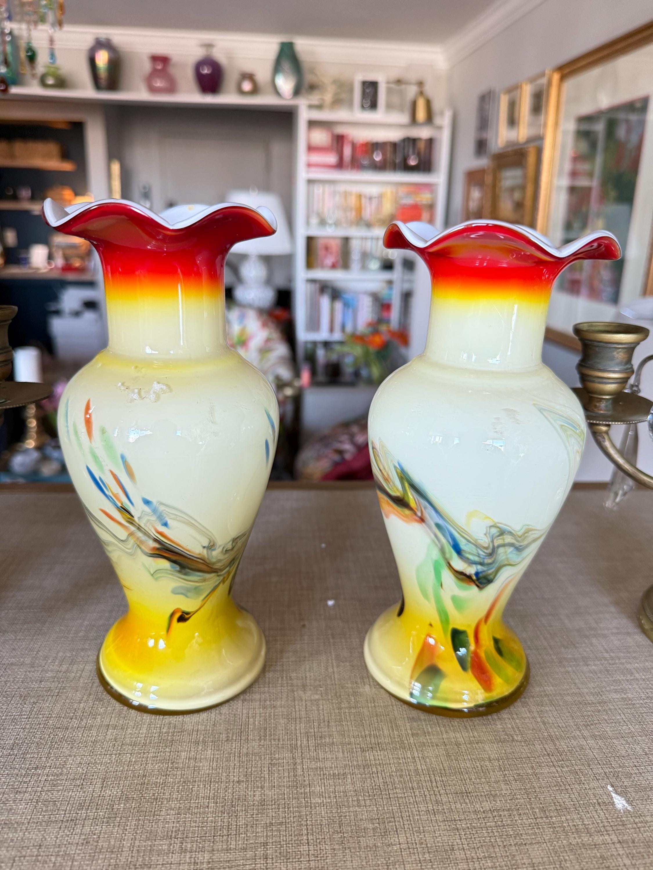 Vintage Hand blown Art Glass Vases Swirled Multicolor Ruffled Pair Vintage Hand blown Art Glass Vases Swirled Multicolor Ruffled Pair