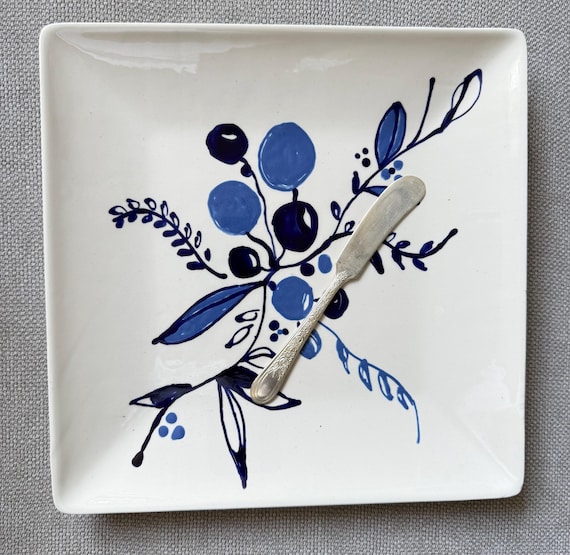 Hand-Painted Ceramic Platter by Shannon Doyle – Colorful Floral Serving Tray With Vintage Serving Knife – Signed Original Pottery