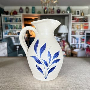 Handmade Stoneware Pitcher – Blue Leaf Design, Cottagecore Vase