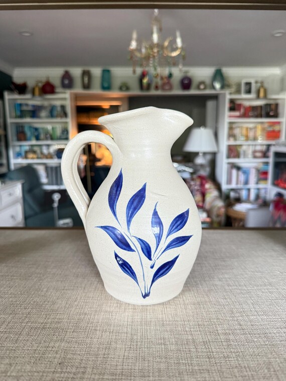 Handmade Blue Leaf Pottery Pitcher – Rustic Farmhouse Stoneware Jug – Blue & Cream Vase – Cottagecore Ceramic Pitcher – Artisan Pottery
