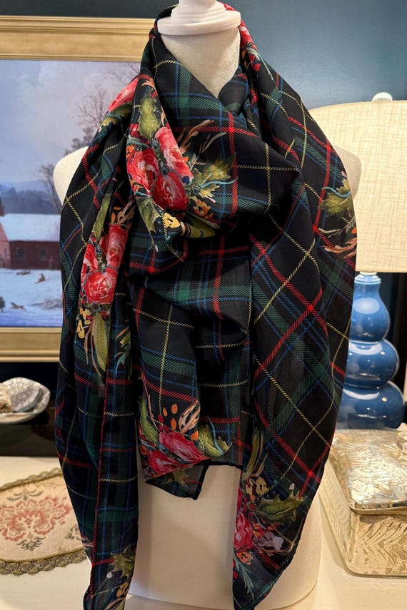 Ladies Fashion Scarf Christmas Tartan - Original Art, Lauren Inspired, Lightweight, Unusual Gift for Her