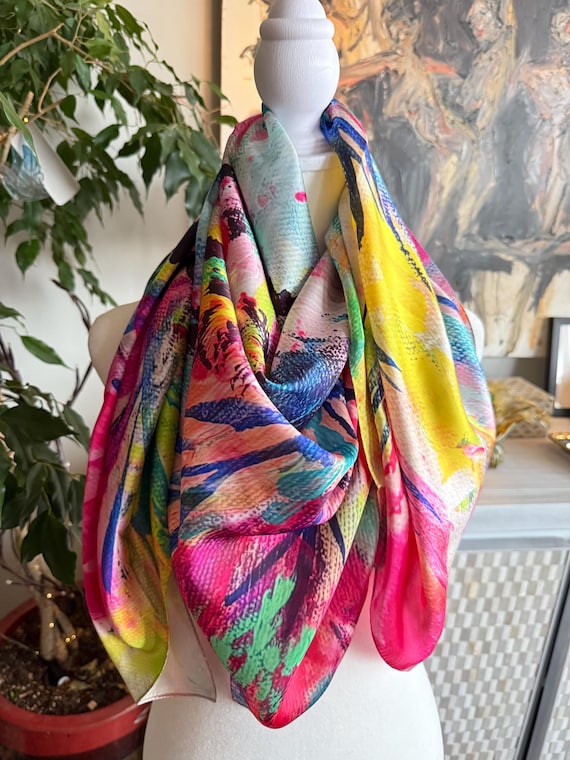 Ladies Fashion Silk Scarf with Heart - Original Art, Lightweight, Unusual Gift for Her