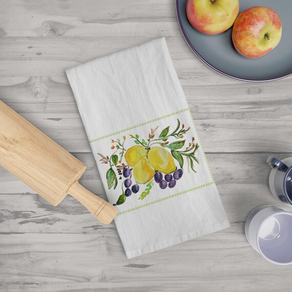 Rustic Lemon Kitchen Tea Towel - Watercolor Fruit Design, Farmhouse Kitchen Decor, Hostess Gift