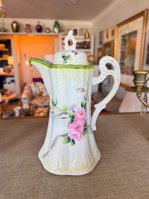 Antique Hand Painted Porcelain Chocolate Pot – Pink Roses, Green Luster Rim – Nippon Era Style